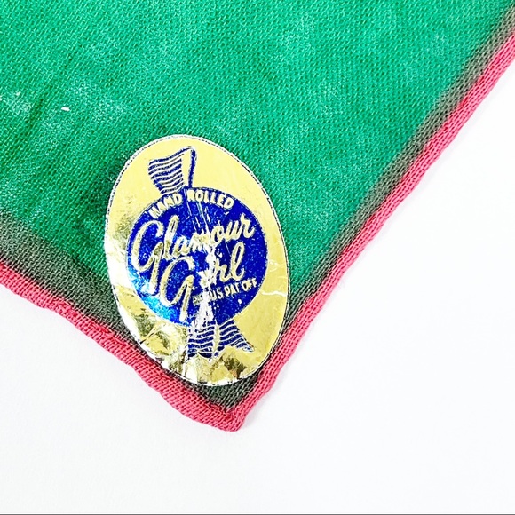 Glamour Girl Hand Rolled Green, peach, blue and white handkerchief Scarf VTG - Picture 2 of 5